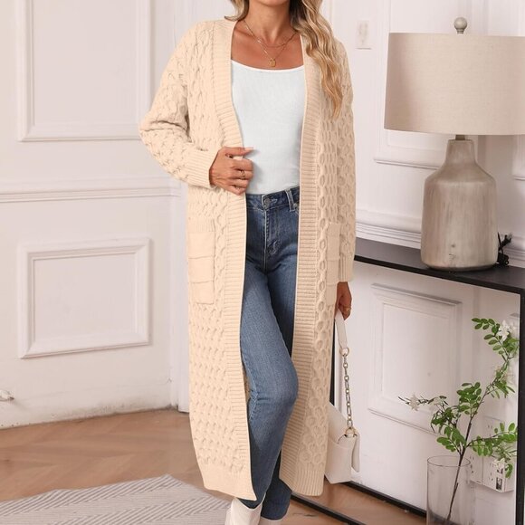 Womens Long Cardigan Sweaters Fall Open Front Coat Long Sleeve Cable Knit Maxi O - Picture 2 of 7